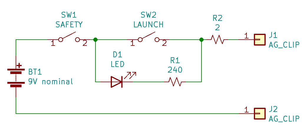 "A circuit diagram for a minimal launch controller, with a safety key switch, launch button, current limiting resistor, and continuity LED."