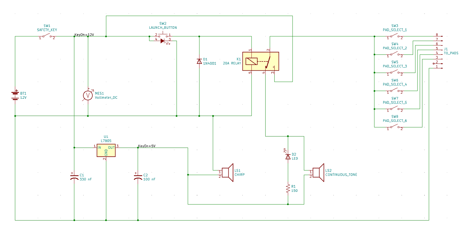 "A circuit diagram for a more complex launch controller, with a high-current relay, audible indicators, and connections for six launch pads."