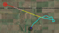 A map showing Peregrine's apogee about 5 miles ESE of the launch site, then drifting back under parachute to a spot about 3 miles SE of the launch site.
