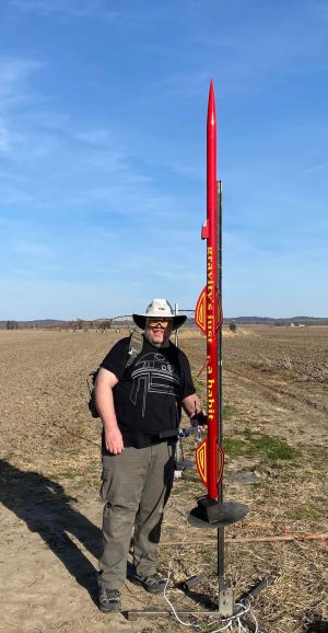 "Gravity's Just a Habit" two-stage rocket, on launch pad in Elsberry prior to first flight"